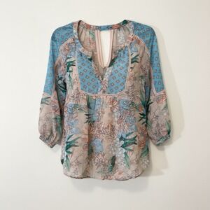Boho Festival Floral Peasant Top Love Fire Blue Artisan Print Blouse Women 
M